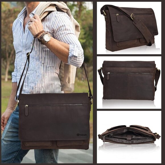 Real Genuine Leather 14" Laptop Messenger Bag/Briefcase For Men & Women - Picture 6 of 7